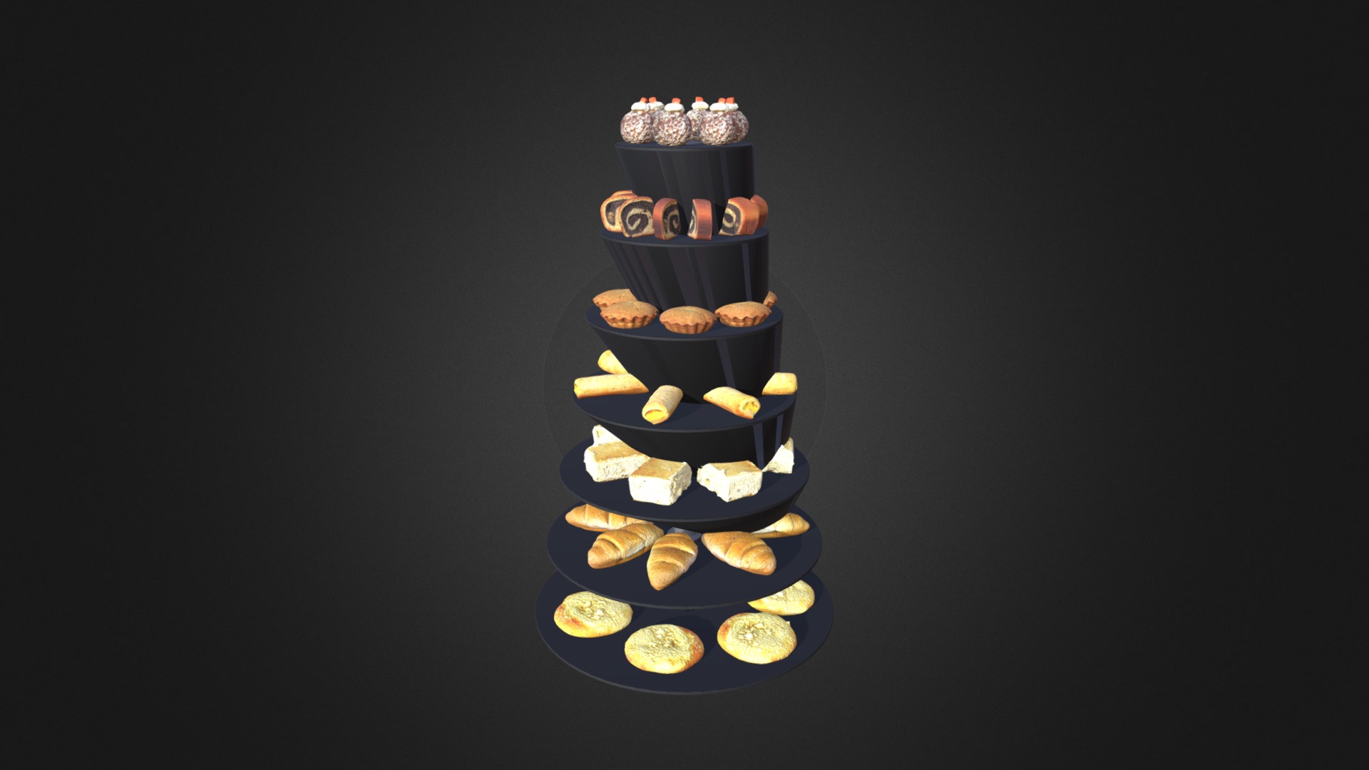 3D model Glass Stand with Sweatrolls and Cakes - This is a 3D model of the Glass Stand with Sweatrolls and Cakes. The 3D model is about a black and white cake with gold decorations.