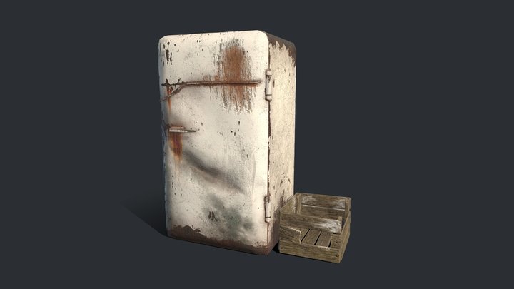 An old refrigerator and a wooden crate 3D Model