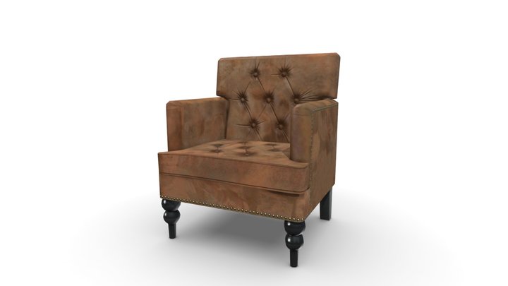 Low Poly Tufted Brown Leather Armchair 3D Model