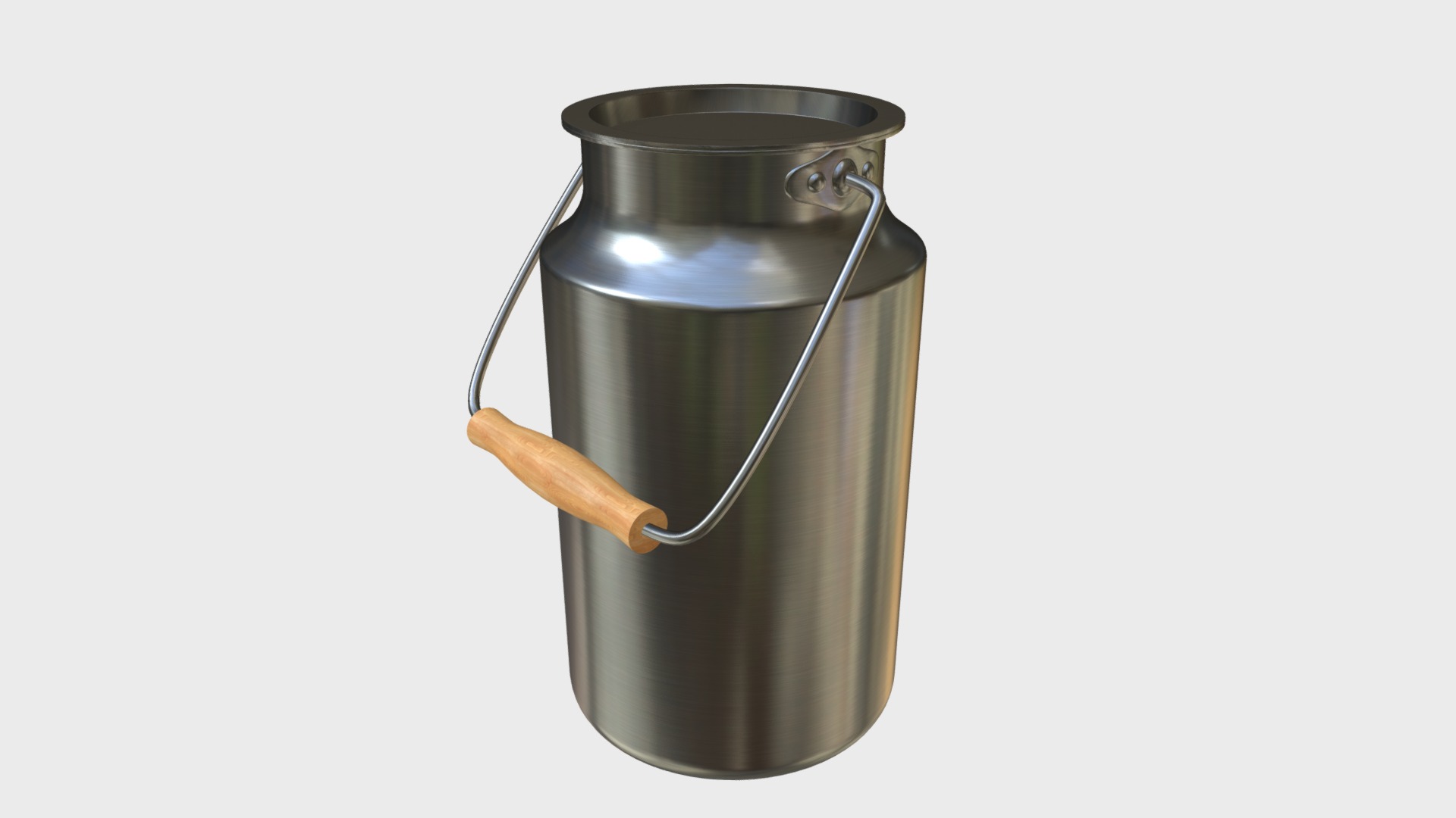 3D model Stainless steel milk container - This is a 3D model of the Stainless steel milk container. The 3D model is about a metal cylinder with a wooden handle.