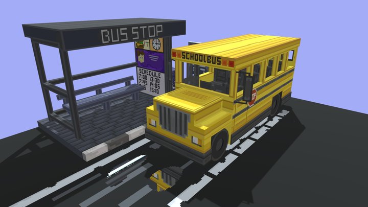 school bus & bus stop 3D Model