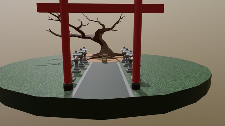 Cherry Blossom Tree with Statue 3D Model