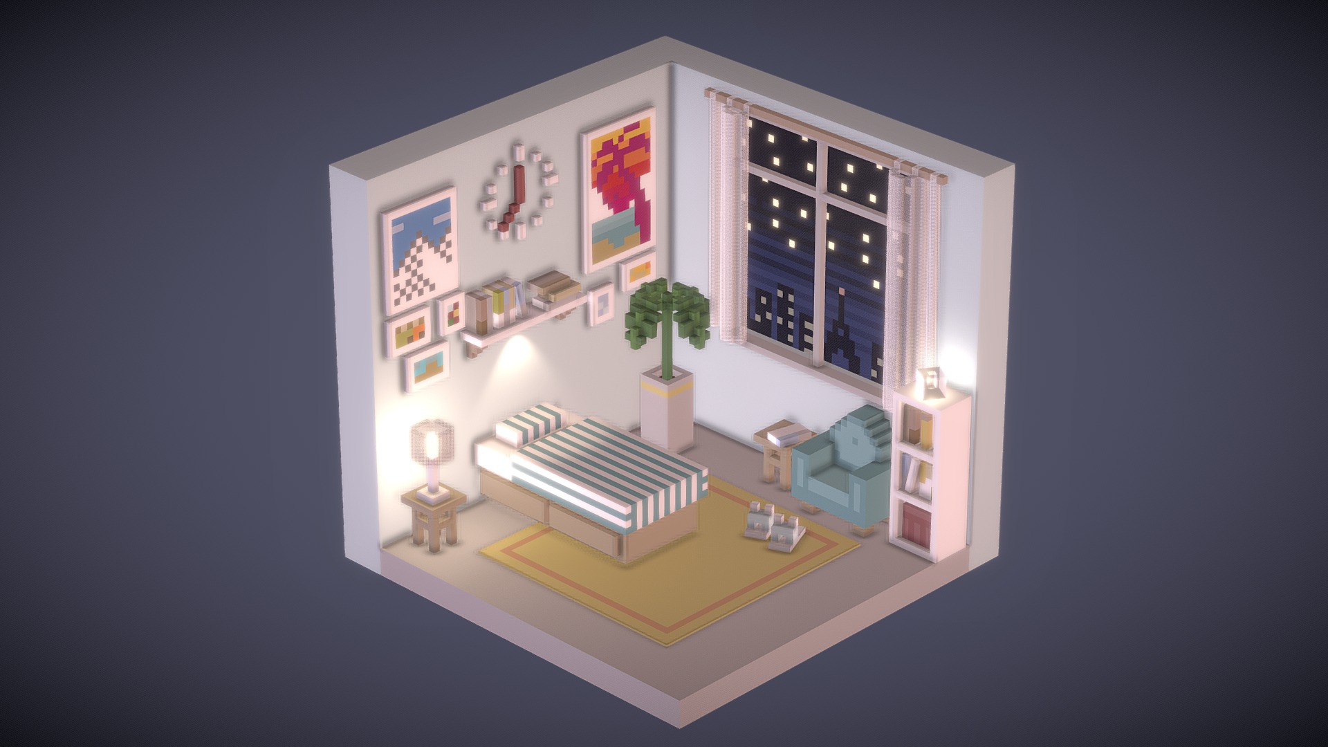3D model voxel bedroom - This is a 3D model of the voxel bedroom. The 3D model is about a room with a couch and a table.