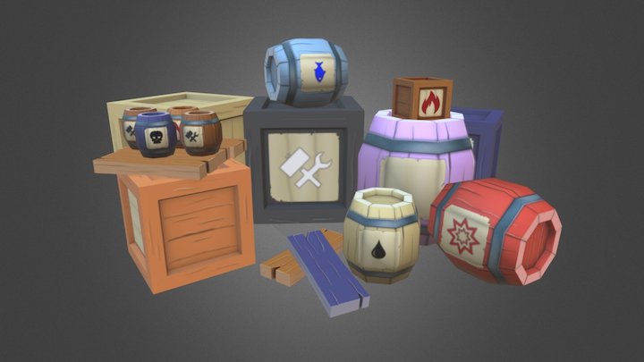 Low Poly Barrels and Crates 3D Model