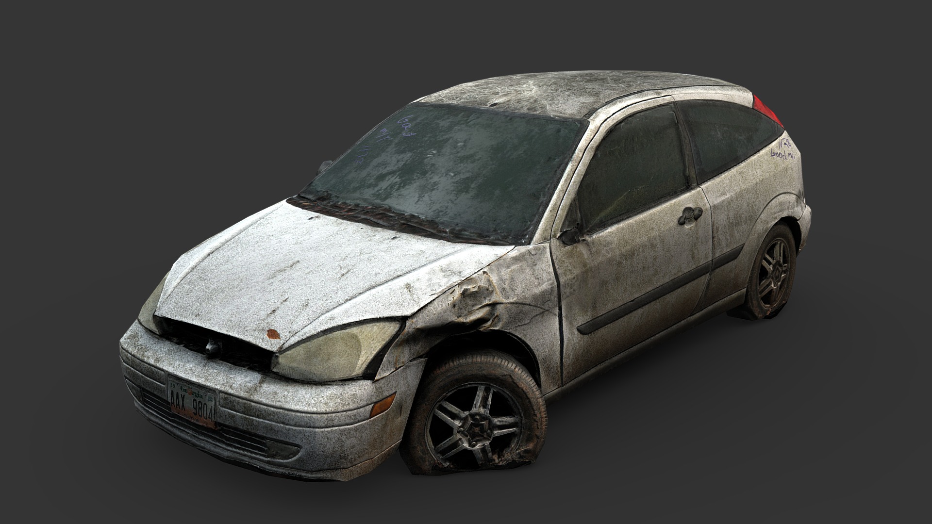 3D model Derelict Hatchback Wreck (Gameready from Scan) - This is a 3D model of the Derelict Hatchback Wreck (Gameready from Scan). The 3D model is about a silver car with a black background.