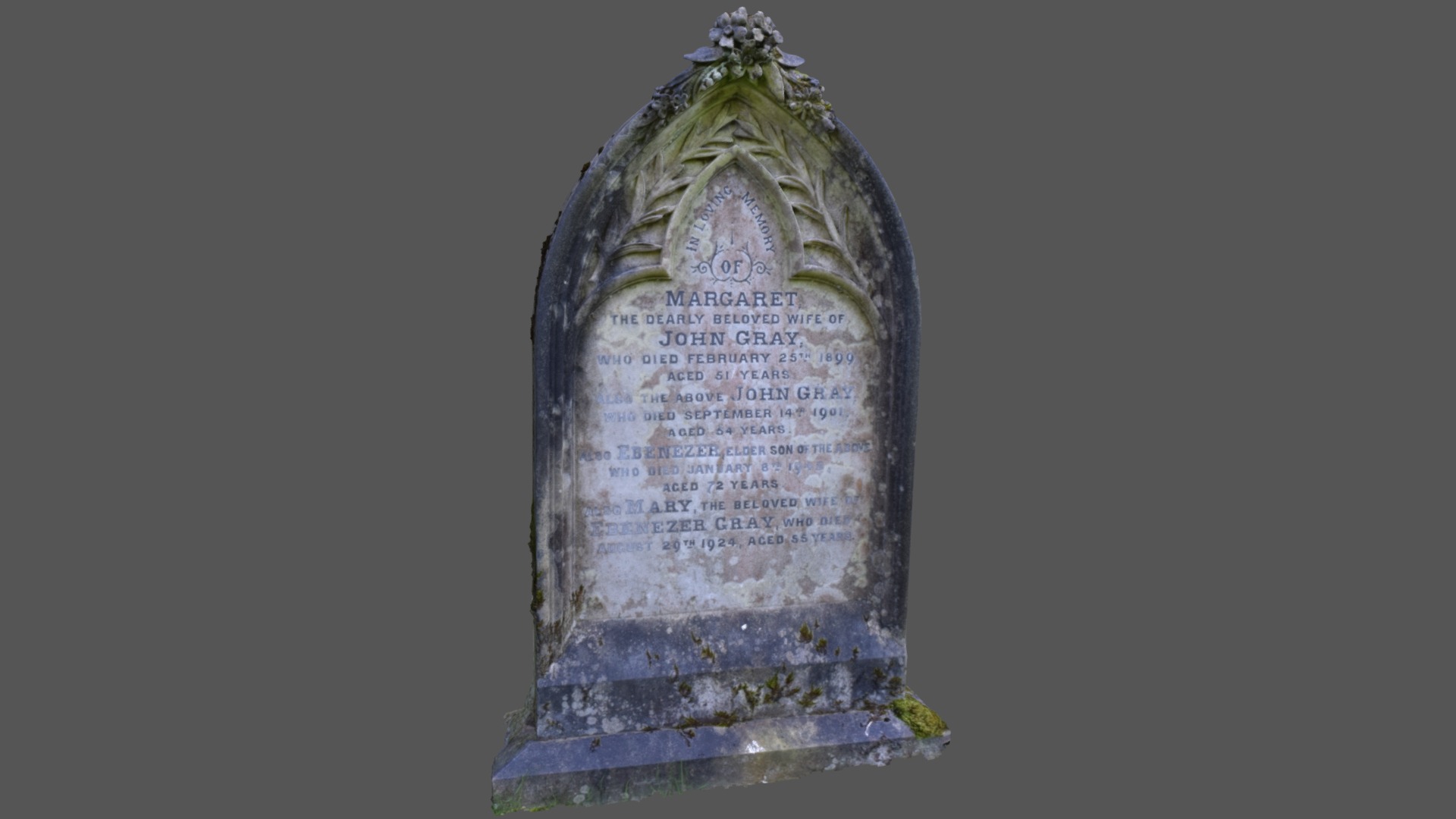 3D model Gravestone Gray Flower Scan - This is a 3D model of the Gravestone Gray Flower Scan. The 3D model is about a close-up of a tombstone.