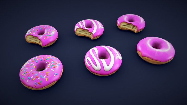 Stylized Pink Donuts - Low Poly 3D Model