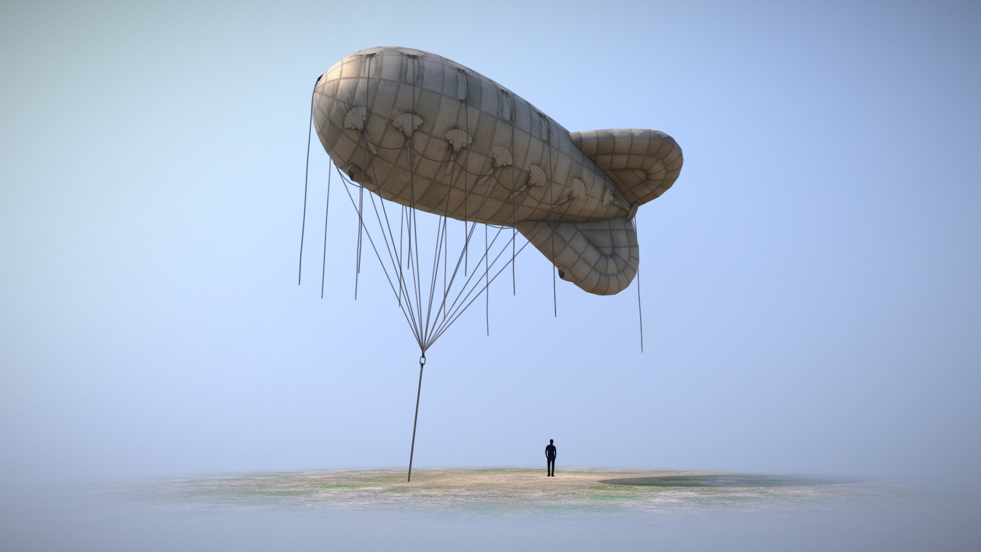 3D model WW2 Barrage Balloon 01 - This is a 3D model of the WW2 Barrage Balloon 01. The 3D model is about a person standing next to a satellite dish.