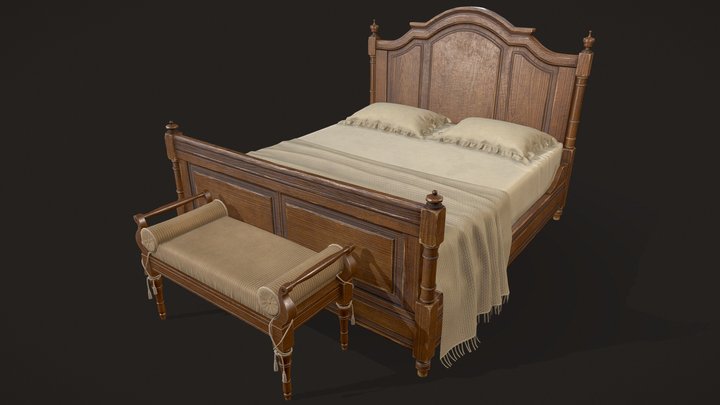 Vintage Bed with Pouf 3D Model