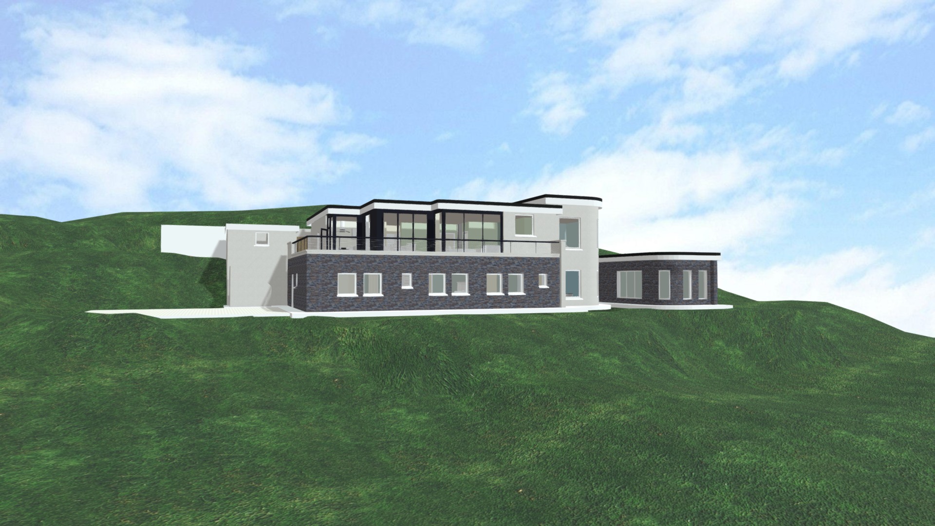3D model Modern House on Terrain - This is a 3D model of the Modern House on Terrain. The 3D model is about a house on a grassy hill.