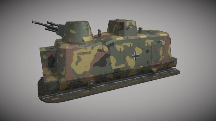BP44 WW2 German Armoured Train - Artillery Car 3D Model