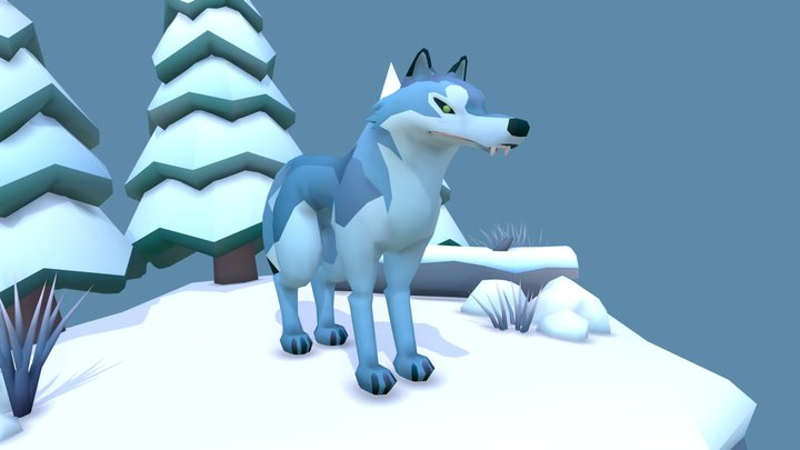 Stylized Low Poly Wolf with Snow Environment 3D Model