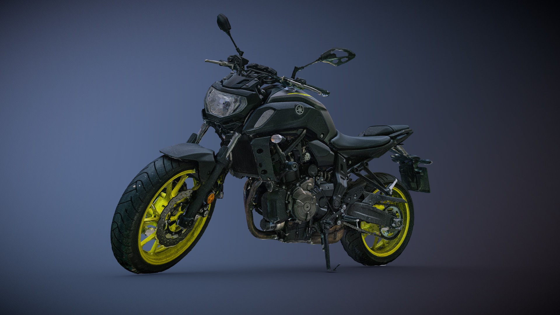 3D model Yamaha CP2 motorcycle raw photogrammetry scan - This is a 3D model of the Yamaha CP2 motorcycle raw photogrammetry scan. The 3D model is about a motorcycle with yellow wheels.