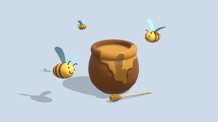 Cute bees with honey jar 3D Model