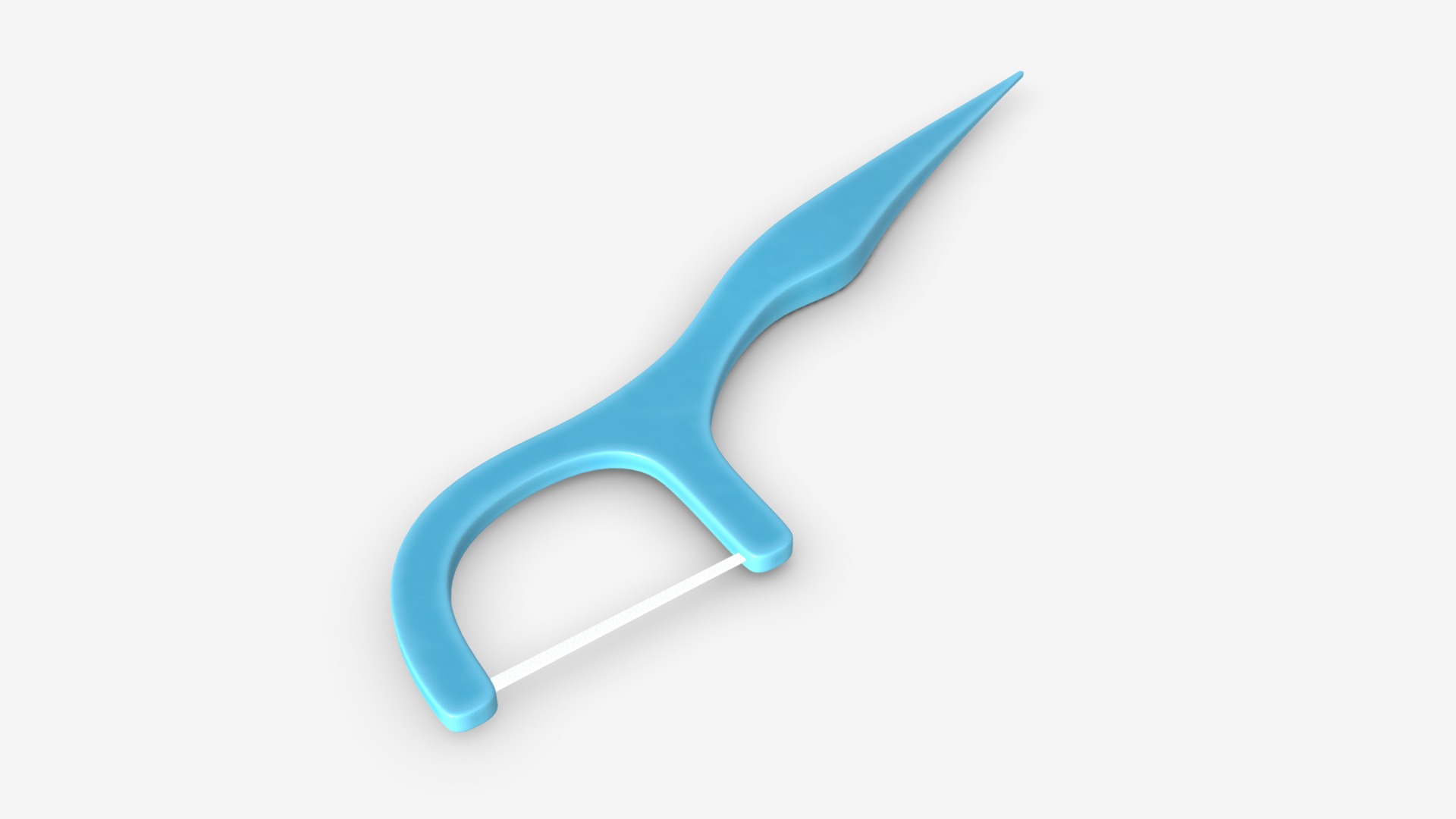 3D model Dental floss pick with flat thread and wide bow - This is a 3D model of the Dental floss pick with flat thread and wide bow. The 3D model is about a blue scissor on a white background.