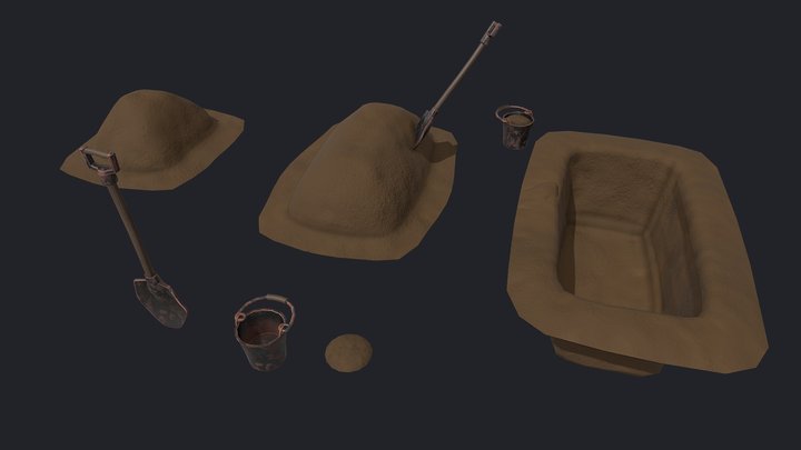 Stylized Grave, Dirt, Shovel And Bucket 3D Model
