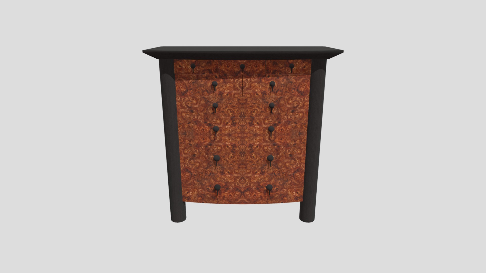 3D model Highboy Dresser in Walnut Burl and Wenge - This is a 3D model of the Highboy Dresser in Walnut Burl and Wenge. The 3D model is about a black and brown table.