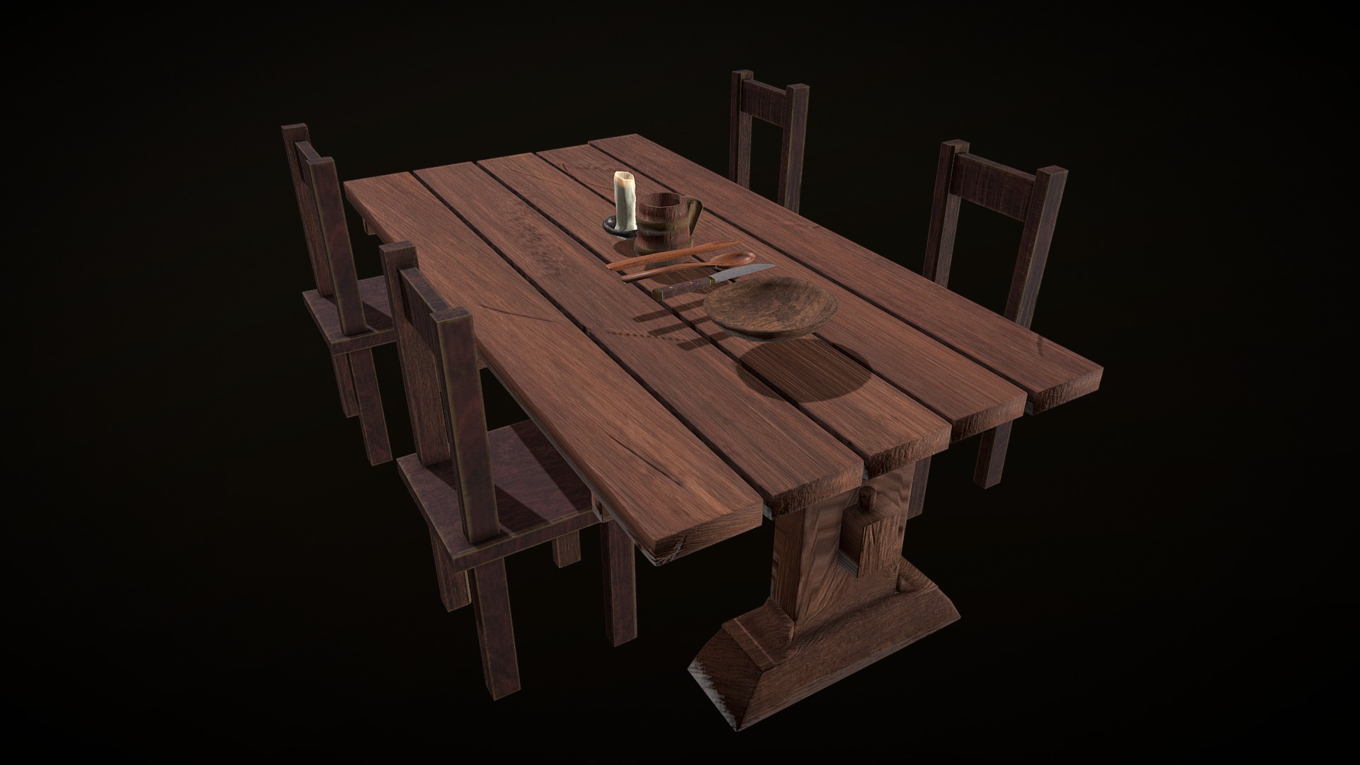 3D model Old table, chairs, candle and kitchenware KIT - This is a 3D model of the Old table, chairs, candle and kitchenware KIT. The 3D model is about a table with a plate and glasses on it.