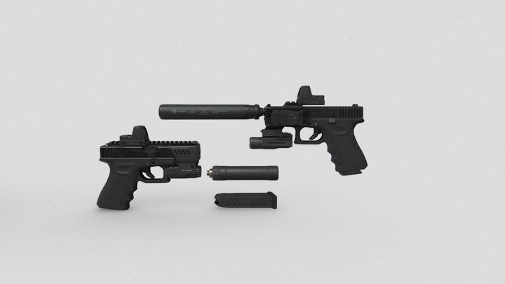 9mm Pistols with Accessories 3D Model