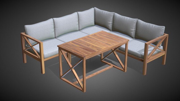 Sofa & Table Set with Blue Cushions – AR Ready 3D Model