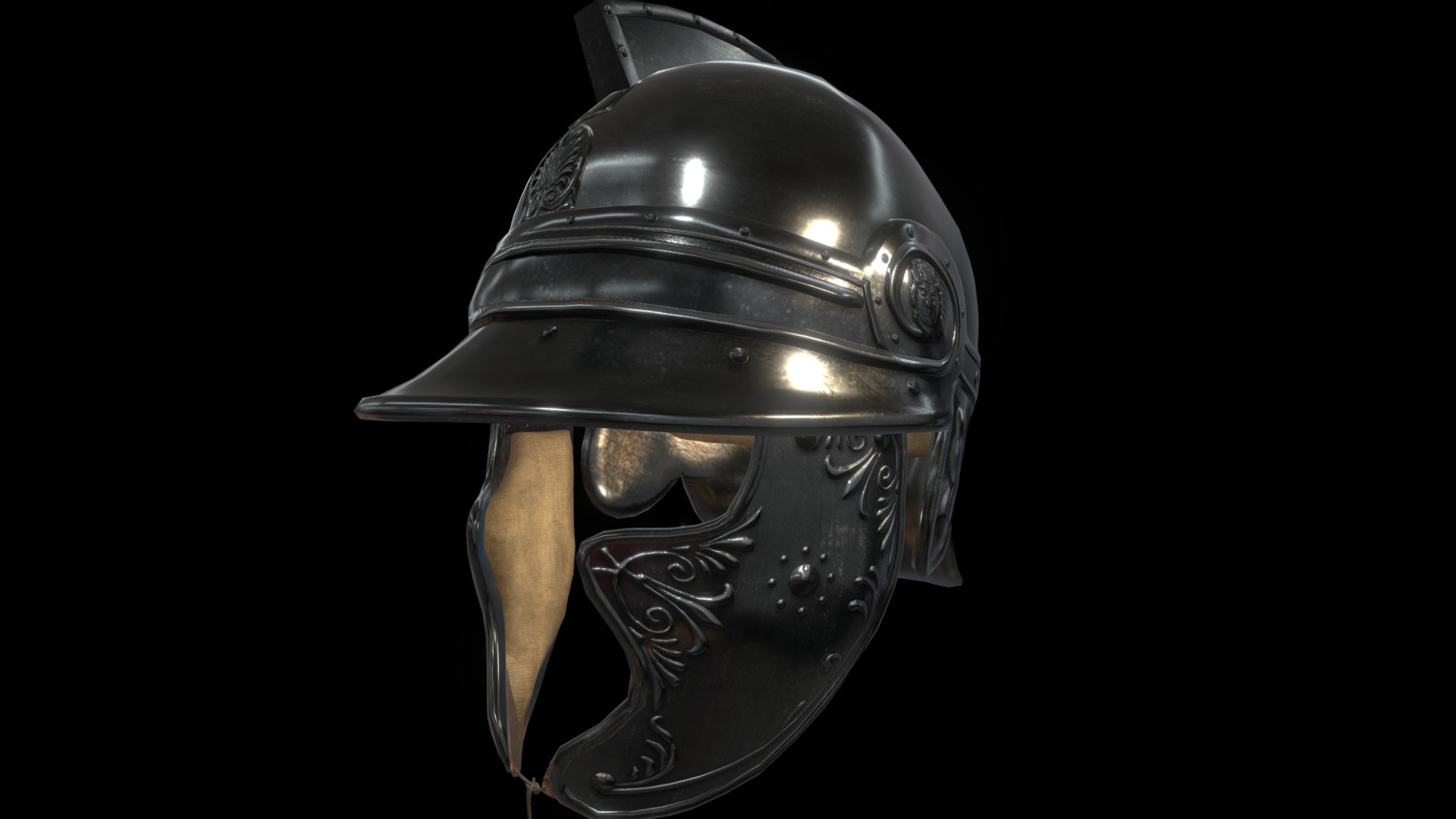 3D model Athenian Helmet #1 ( Ornemented ) - This is a 3D model of the Athenian Helmet #1 ( Ornemented ). The 3D model is about a metal object with a face on it.