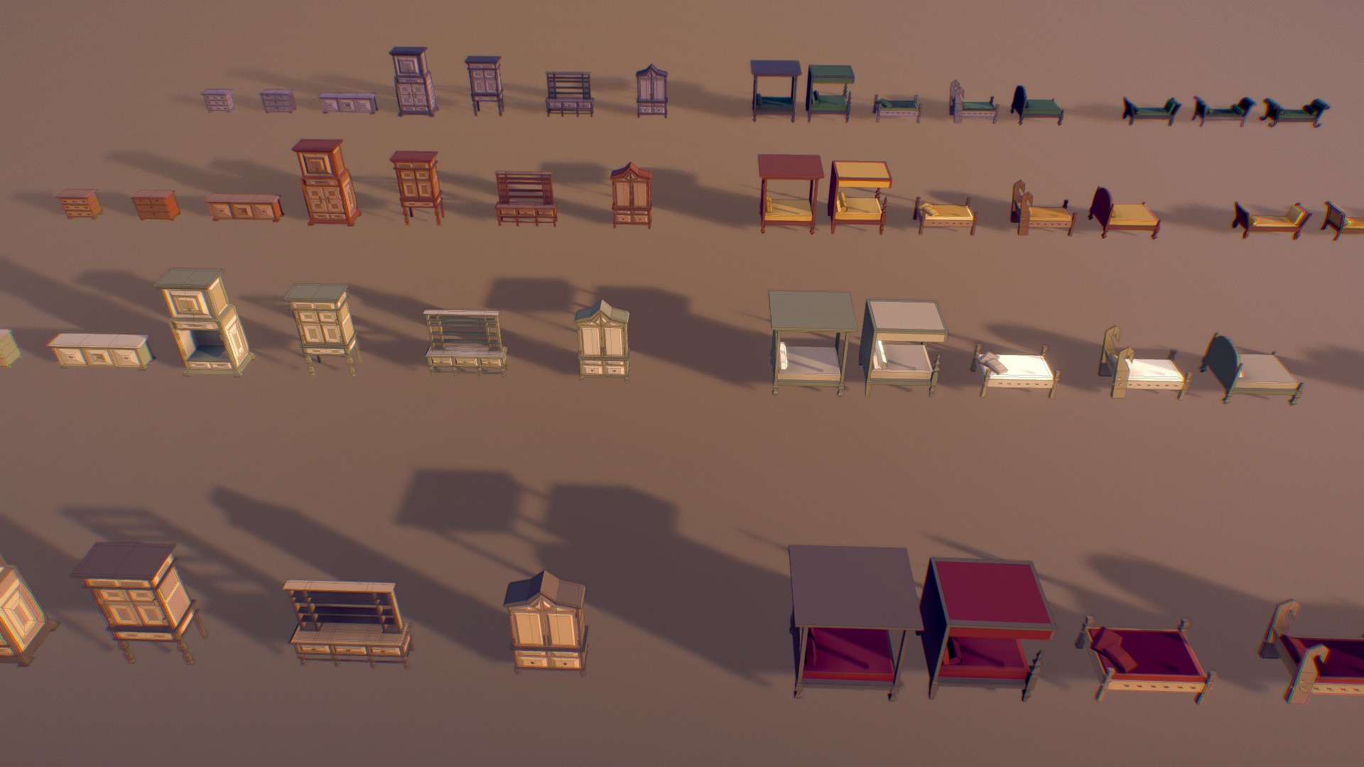 3D model Sofas Beds and Cupboards ( Low Poly ) - This is a 3D model of the Sofas Beds and Cupboards ( Low Poly ). The 3D model is about a large group of chairs and tables.