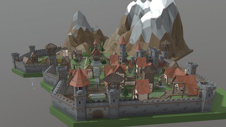 Low Poly human town 3D Model