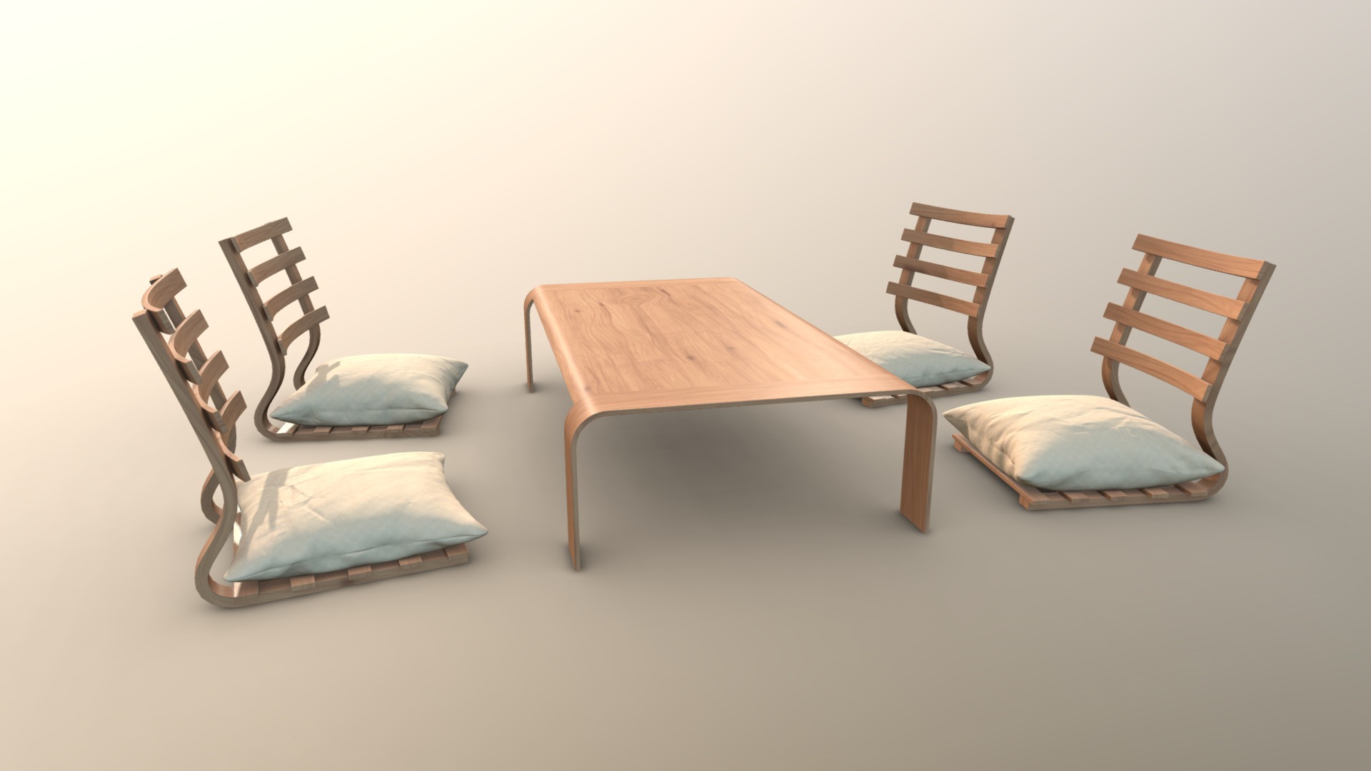 3D model Japanese table set - This is a 3D model of the Japanese table set. The 3D model is about a table and chairs.
