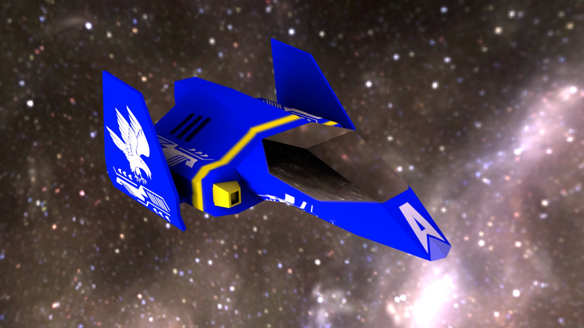 3D model Blue Falcon - This is a 3D model of the Blue Falcon. The 3D model is about a blue and white airplane in space.