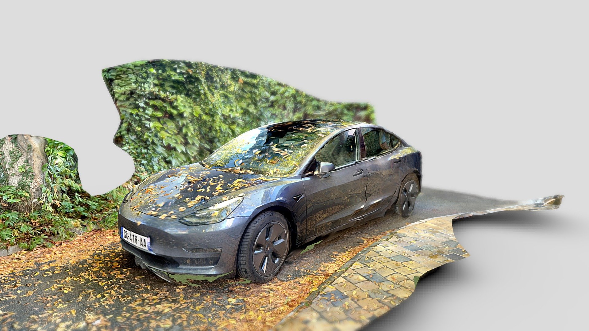 Tesla covered in leaves — Sketchfab embed 3D viewer