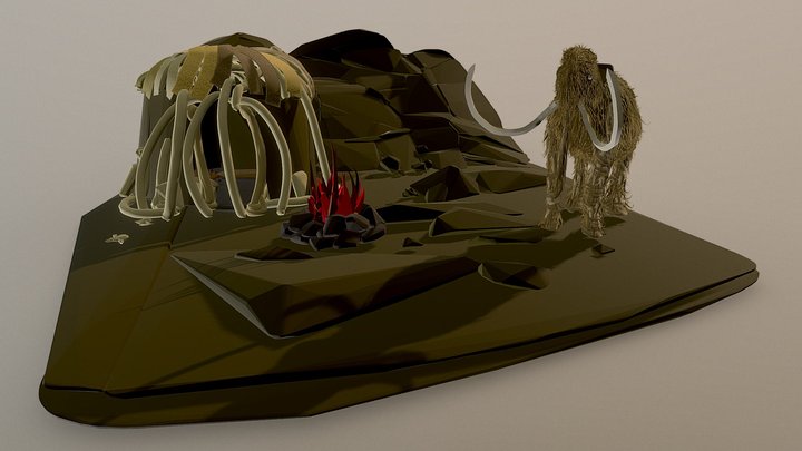 Steppenlandschaft mit Mammut und Zelt 3D Model