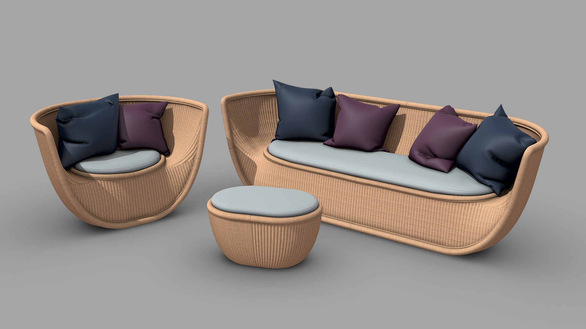 3D model Yamakawa Rattan Living Room Set - This is a 3D model of the Yamakawa Rattan Living Room Set. The 3D model is about a wicker basket with pillows.