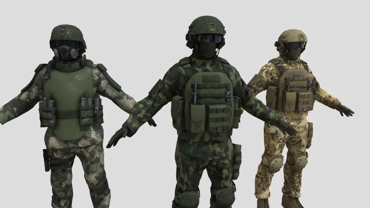 3 soldier low poly 3D Model