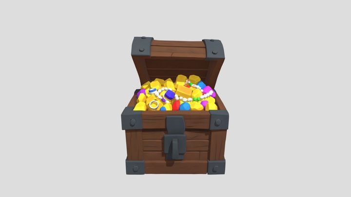A wooden treasure chest filled with gems