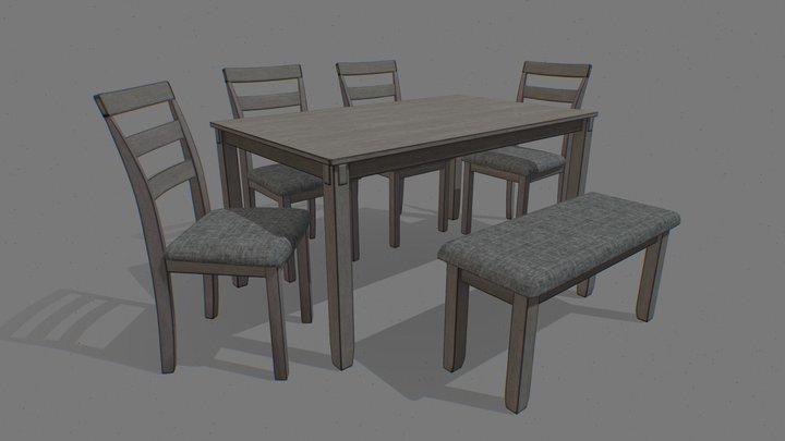 Table with Bench and Chairs Set 3D Model