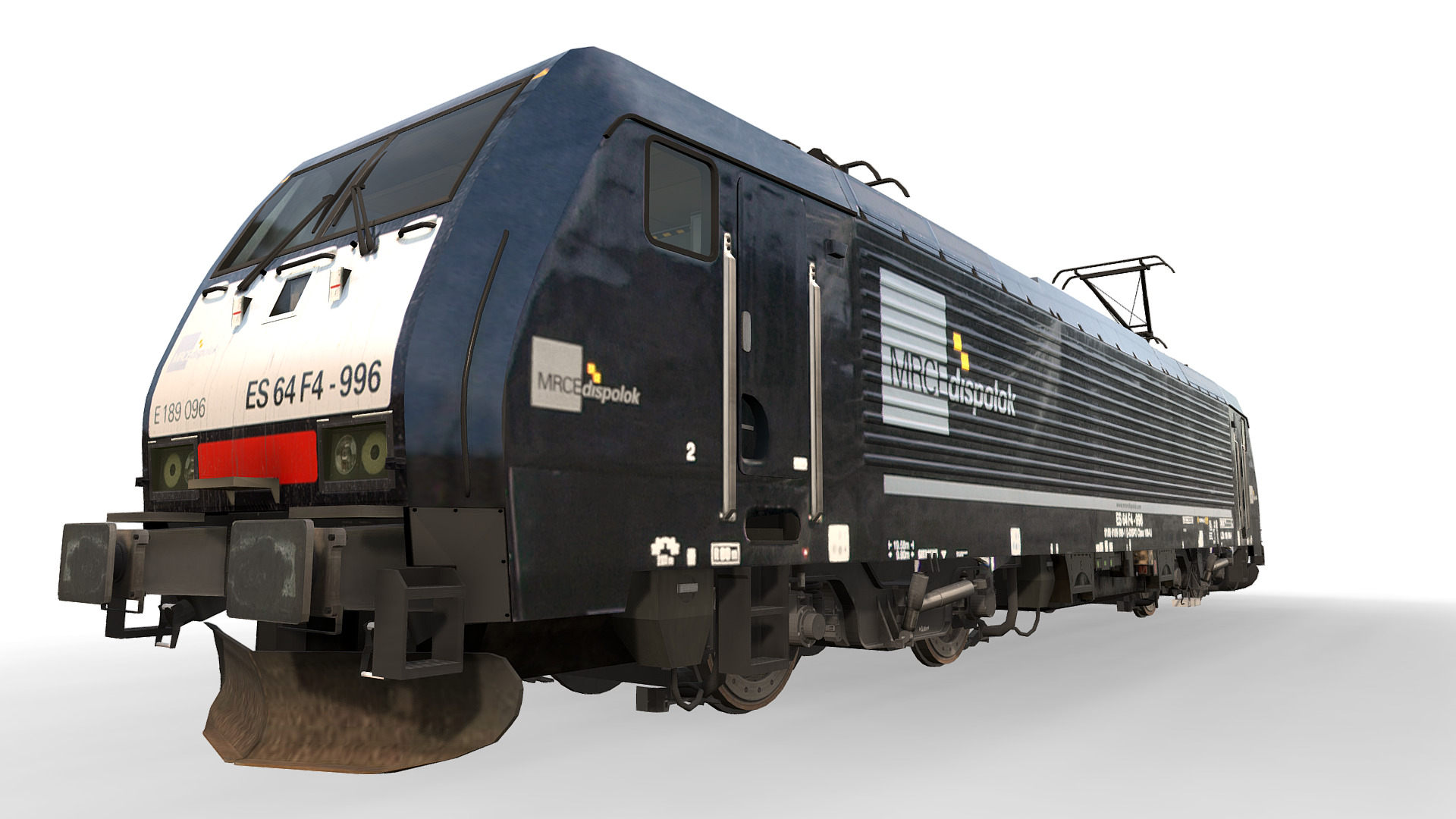 3D model Locomotive Class ES64F4 – 189 096-1 – MRCE - This is a 3D model of the Locomotive Class ES64F4 - 189 096-1 - MRCE. The 3D model is about a black train with a white background.