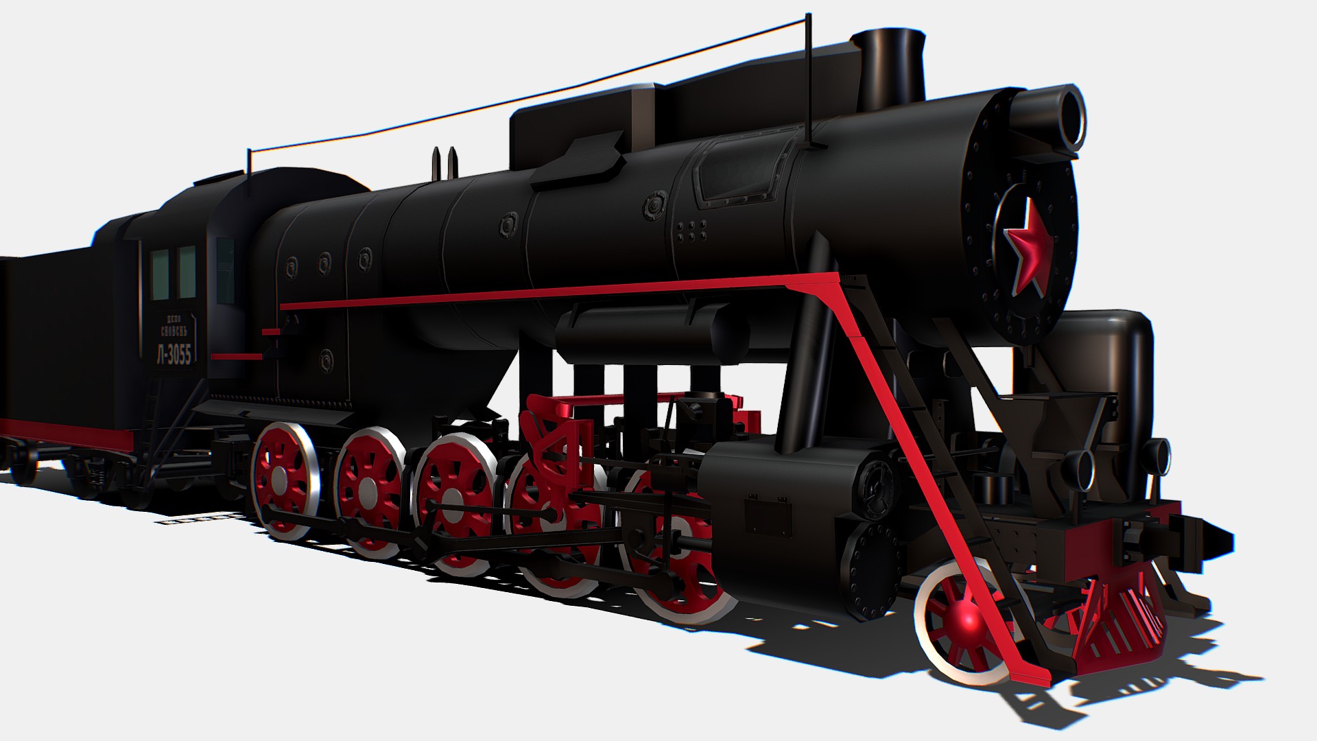 3D model Animated Freight Steam Locomotive L-3055 - This is a 3D model of the Animated Freight Steam Locomotive L-3055. The 3D model is about a black train engine.