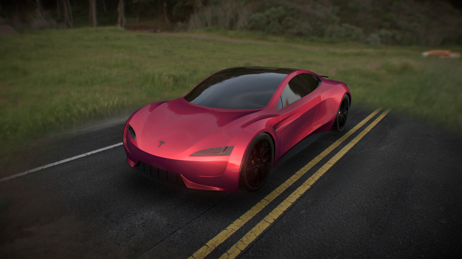 3D model Tesla Roadster Exterior - This is a 3D model of the Tesla Roadster Exterior. The 3D model is about a red sports car on a road.