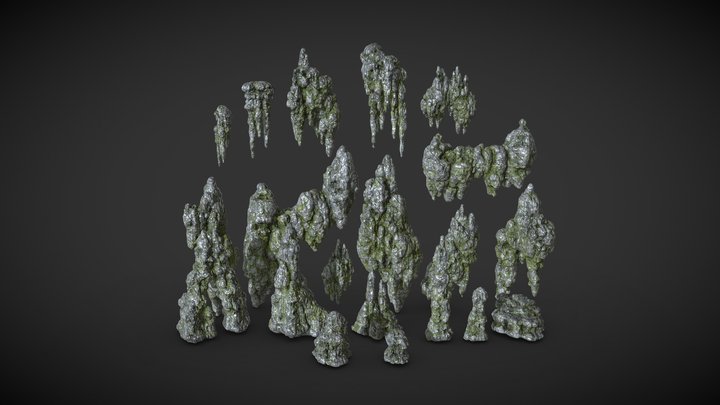 20 Low Poly Black Mossy Stalactite Cave Rocks 3D Model