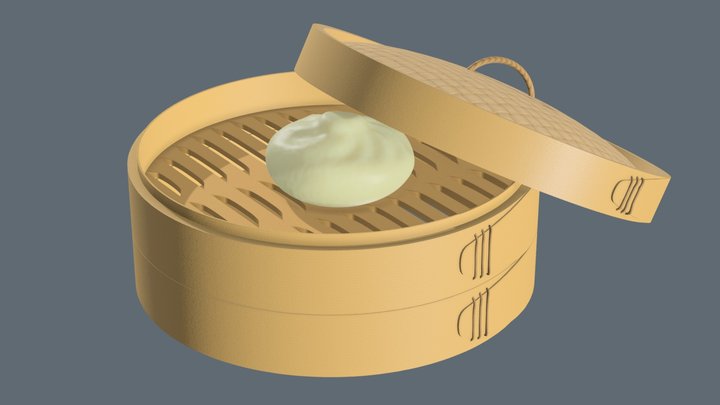 Bamboo Steamer 蒸籠 and Baozi 包子 3D Model