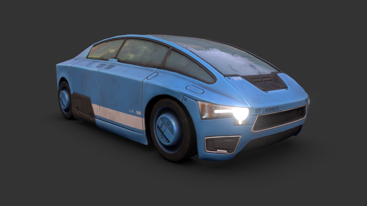 3D model Sci-Fi Civilian Car - This is a 3D model of the Sci-Fi Civilian Car. The 3D model is about a blue car with its headlights on.