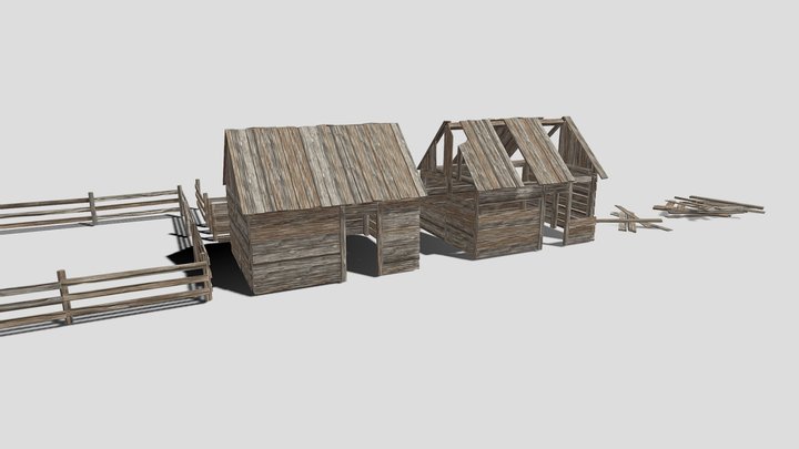 Wooden Hut and Fences 3D Model