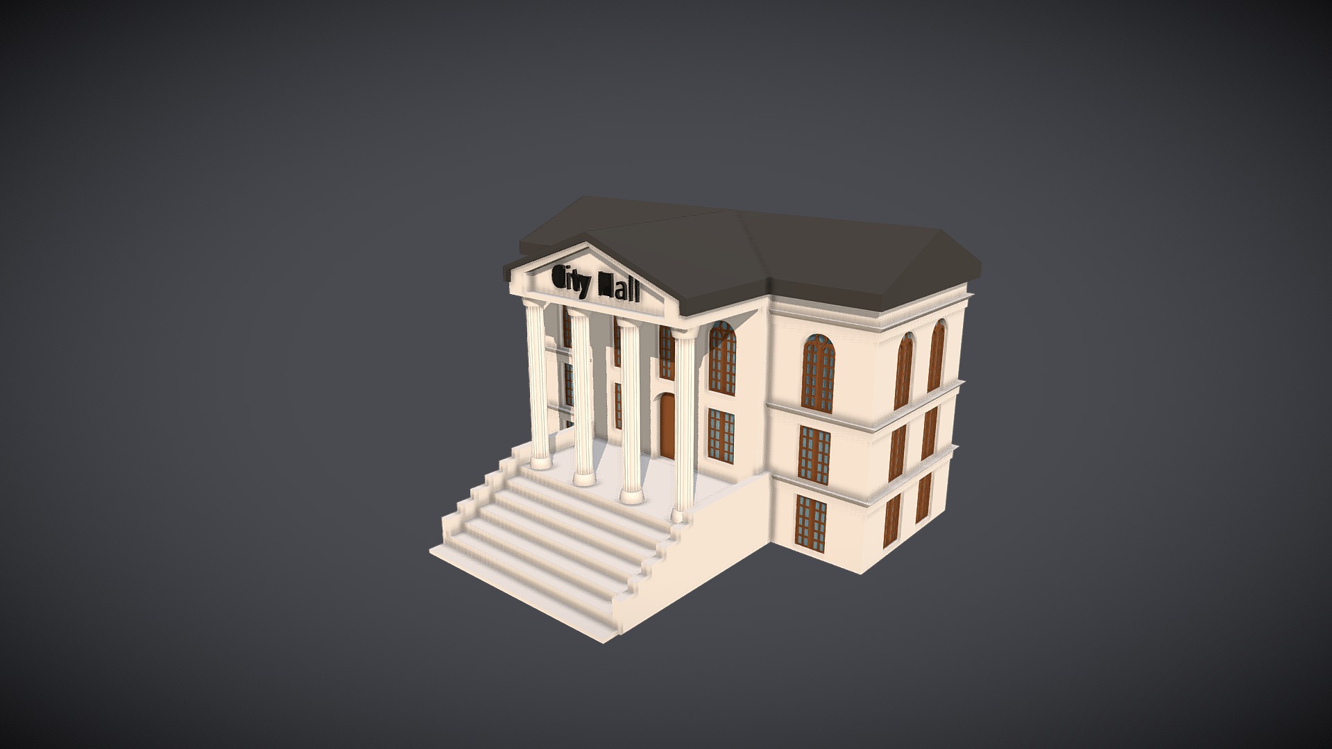 3D model Low-Poly City Hall - This is a 3D model of the Low-Poly City Hall. The 3D model is about a white house with a black background.