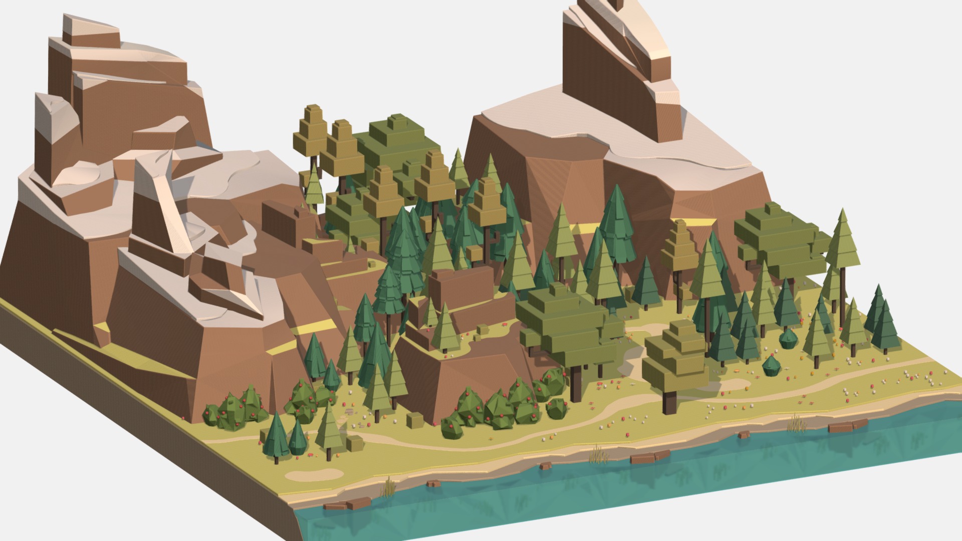 3D model Isometric style summer big mountain landscape - This is a 3D model of the Isometric style summer big mountain landscape. The 3D model is about a model of a house.