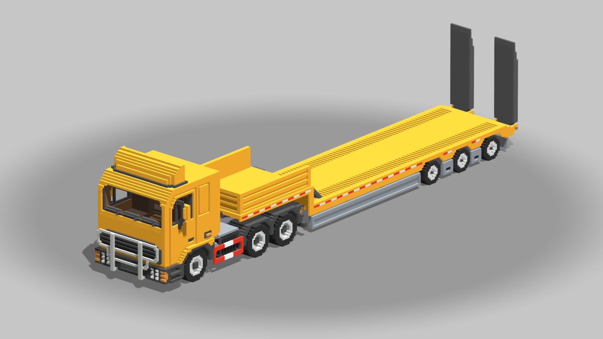 3D model Voxel Truck And Loader Trailer - This is a 3D model of the Voxel Truck And Loader Trailer. The 3D model is about a yellow truck with a black trailer.
