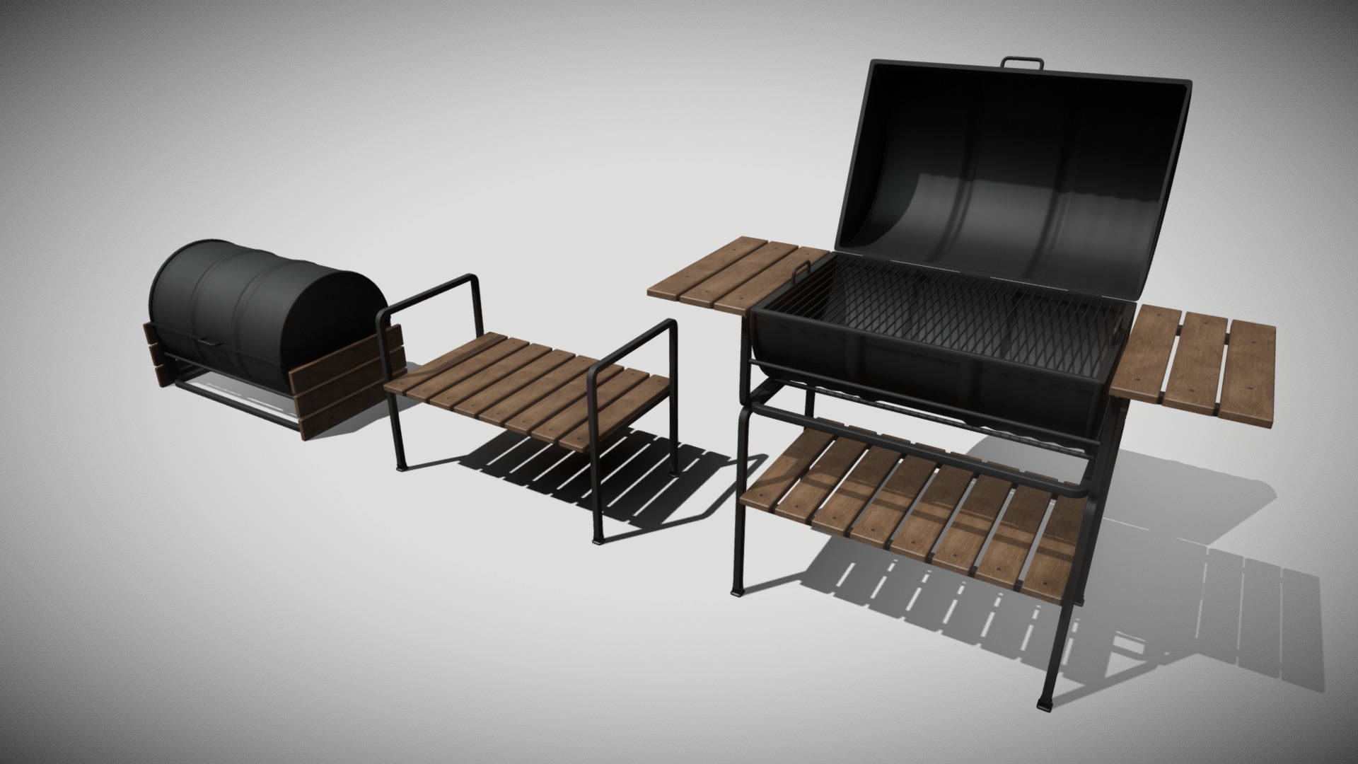 3D model Barrel BBQ Concept - This is a 3D model of the Barrel BBQ Concept. The 3D model is about a set of black chairs.