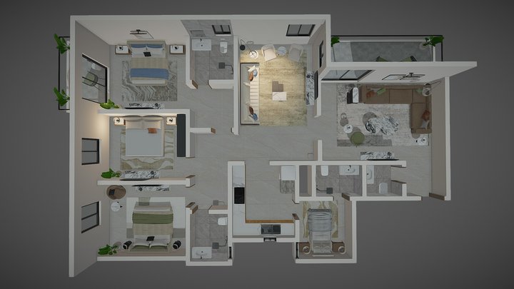 G_107_ZONE_1_Three Bed Apartment_F.F 3D Model