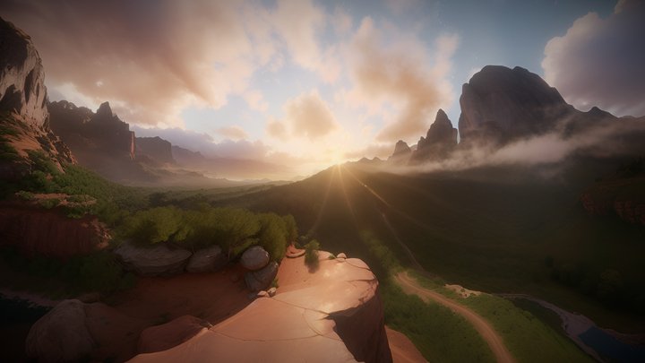 Sunset Mountain Waterfalls - 360 Panoramic HDR 3D Model