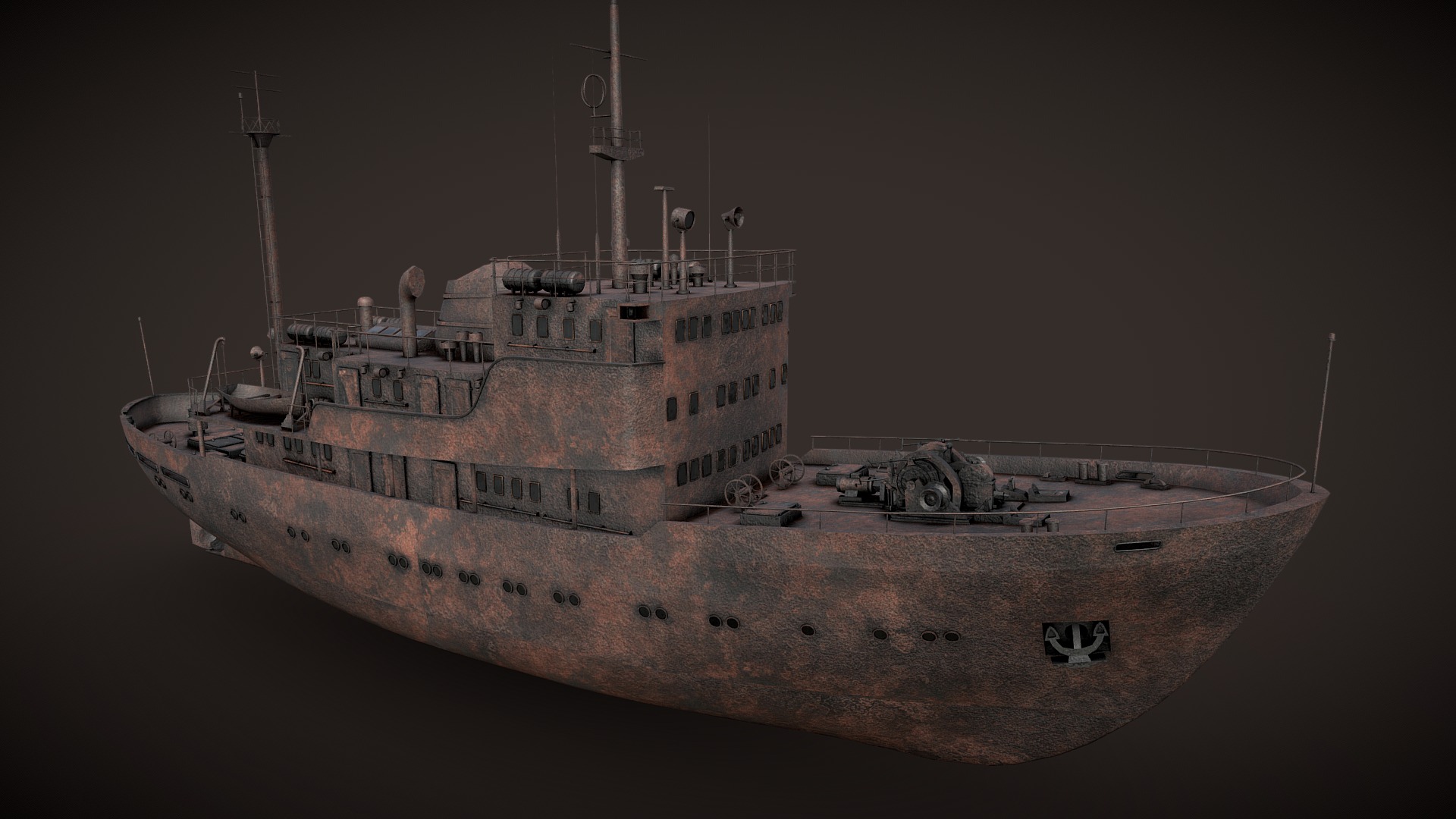 3D model Old rusted abandoned vessel - This is a 3D model of the Old rusted abandoned vessel. The 3D model is about a military ship with tanks.