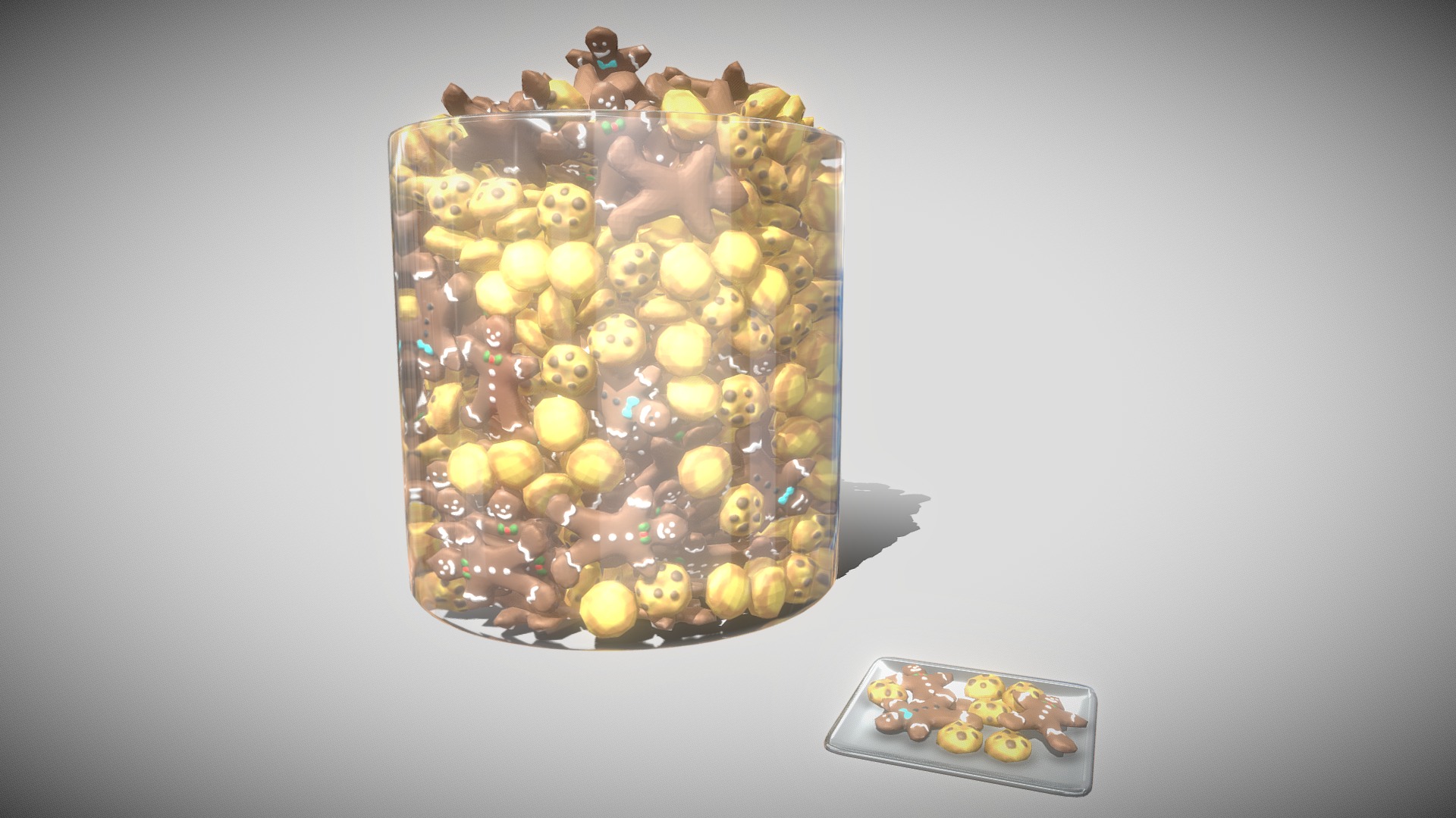 3D model Gingerbread People and Cookies Low-Poly - This is a 3D model of the Gingerbread People and Cookies Low-Poly. The 3D model is about a glass container with gold balls.